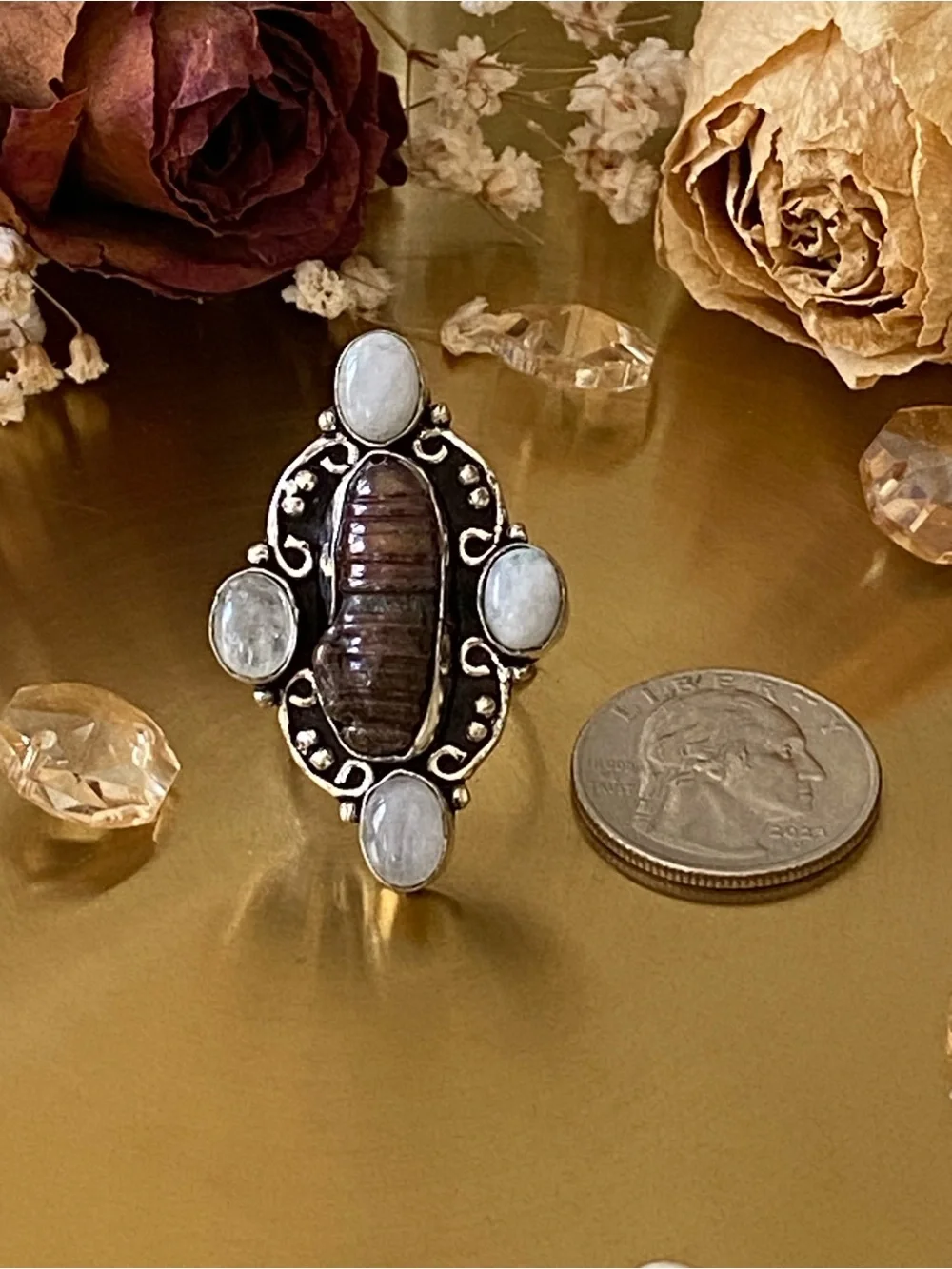 Moonstone And Biwa Pearl Ring Size 8.5